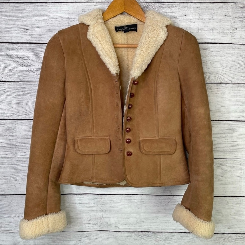 Ralph Lauren Tan Suede Genuine sheepskin Sherpa Lined Button Front Coat size 4
